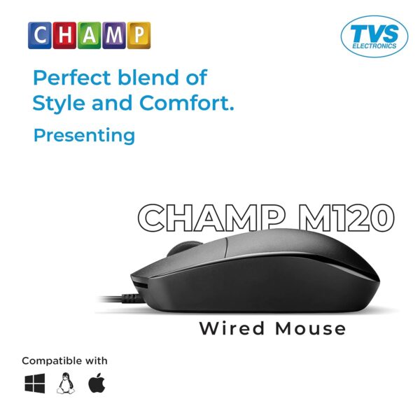TVS ELECTRONICS Champ M120 Wired Optical Mouse with 1200 DPI Resolutions | 3 Handy Buttons with 1.5 Million Durable Clicks | Fast Moving Scroll Wheel, Plug and Play USB Mouse for Windows/Mac - Image 3