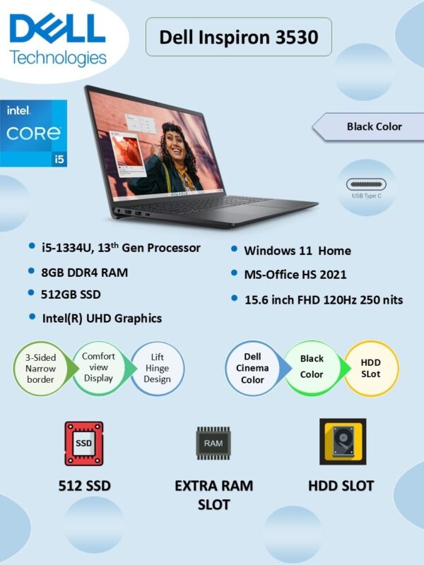 DELL INSPIRON 3530 CORE I5-13TH GEN -8GB-512GB -WIN 11 HOME -MS-OFFICE 2021 - 15.6" FHD 120HZ 250NITS