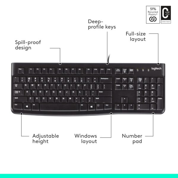 Logitech K120 Spill-Resistant,Curved Space Bar Wired Keyboard (Black) - Image 9