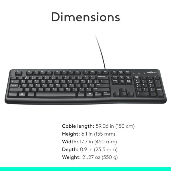 Logitech K120 Spill-Resistant,Curved Space Bar Wired Keyboard (Black) - Image 8