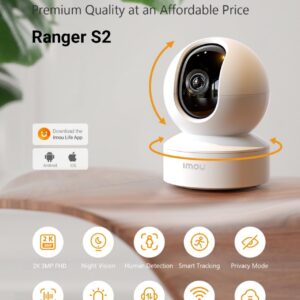 Imou Ranger S2 3MP WiFi Security Camera, Pan & Tilt for 360°, Human Detection, Smart Tracking, 2-Way Audio, Night Vision, Alexa Google Assistant, Up to 256GB SD Card Support