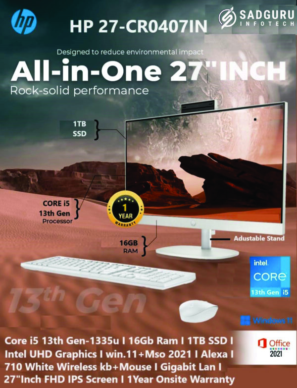HP All-in-One PC 13th Gen Intel Core i5 27" (68.6cm) FHD 16GB RAM, 1TB SSD, Intel UMA Graphics, 710 White Wireless Keyboard and Mouse Combo (Windows 11 Home, MSO 21, Shell White, 6.72 Kg) 27-cr0407in