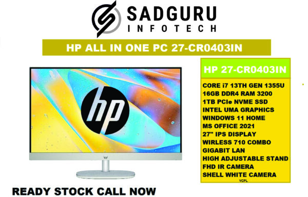 HP All-in-One PC 13th Gen Intel Core i7 27 inch(68.6cm) FHD 16GB RAM, 1TB SSD, Intel UMA Graphics, HP 710 White Wireless Keyboard and Mouse Combo (Win 11, MSO 21, Shell White, 6.72 Kg) 27-cr0403in