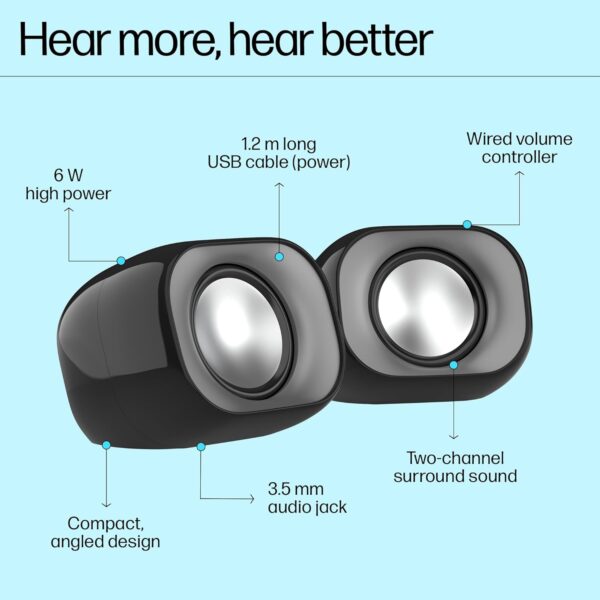 HP DHS-2111 Wired Speaker, 2-Channel Surround Sound, 3.5mm aux connectivity, PC and Phone Compatible, Easy Volume Controls, 1-Year Warranty, 0.27 kg, Black, 8C575AA - Image 7